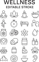 Wellness editable stroke outline icons set isolated on white background flat vector illustration