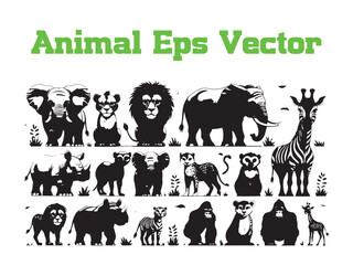 Black and white vector illustration of african safari animals in a simple stylized design