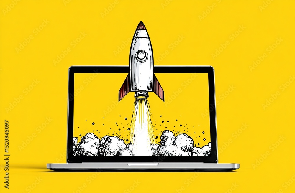 Fototapete Laptop computer with rocket launching from screen. Tech innovation concept. Futuristic design. Digital illustration. Startup speed, progress. Laptop hardware, software. Rocket launch from computer