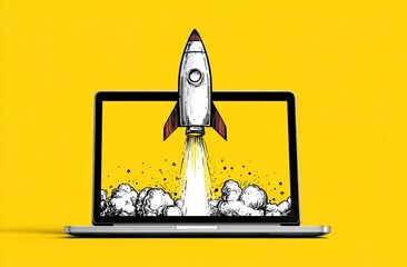 Laptop computer with rocket launching from screen. Tech innovation concept. Futuristic design. Digital illustration. Startup speed, progress. Laptop hardware, software. Rocket launch from computer