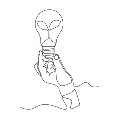 Continuous line drawing of human hand holding light bulb with sprout seed plant growth. Green electric energy sketch art editable stroke vector illustration