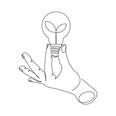 Continuous line drawing of human hand holding light bulb with sprout seed plant growth. Green electric energy sketch art editable stroke vector illustration