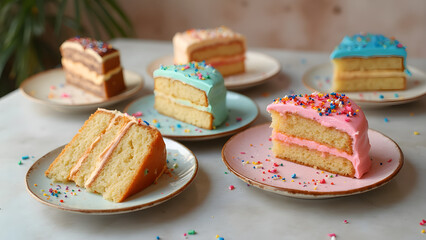 Frosted birthday cake slices on plates. Colorful cake decorating ideas for parties. Ultra realistic cake designs for celebrations. Fun mismatched table settings for birthdays.