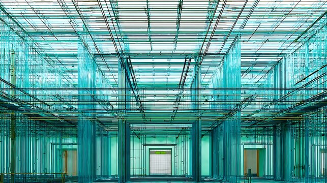 Abstract interior teal grid system perspective