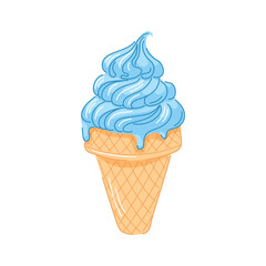 Mint ice cream cone with swirled creamy texture in cartoon. Refreshing summer dessert perfect for sweet cafe, fruit concept and colorful food illustration.