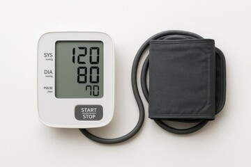 Digital blood pressure monitor with cuff isolated on white background