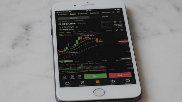 Trading on mobile crypto exchange app. Bitcoin price hits all-time high 110,000 USD. Securely selling cryptocurrency on a decentralized exchange with real-time charts and transaction monitoring.