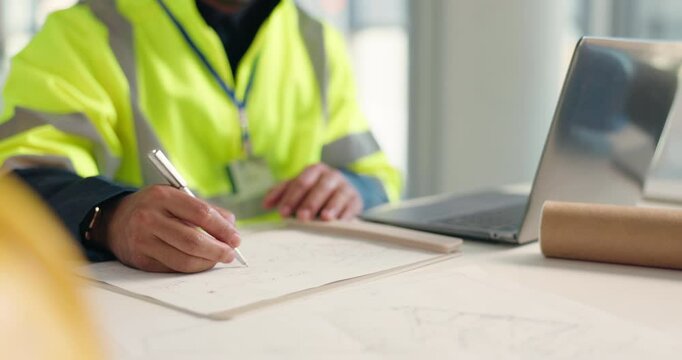 Hands, person or architect drawing for floor plan, engineering planning or project inspection. Research, laptop or contractor in construction job for city development with check, review or blueprint