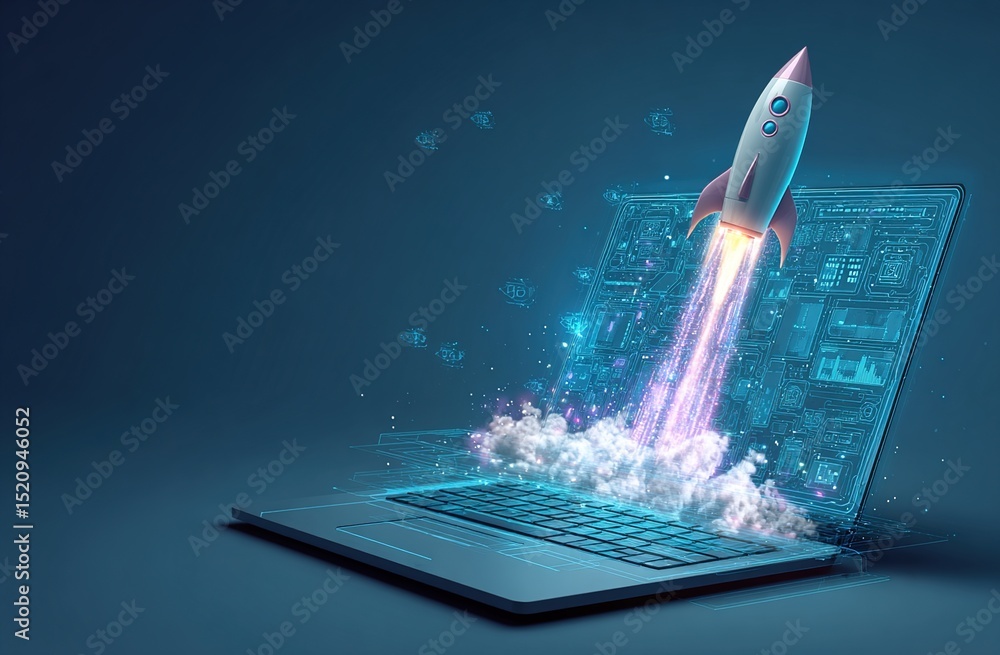Poster laptop computer with rocket launching from screen. tech innovation concept. futuristic design. digit
