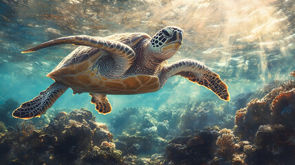 Obraz premium Majestic sea turtle gracefully glides through the coral reef.