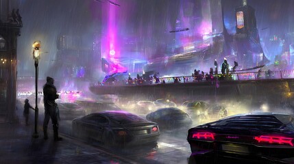 Rainy cyberpunk cityscape night with hovercrafts