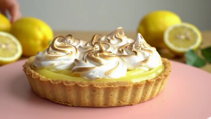 Cinematic close-up orbit of lemon meringue tart with glossy curd and meringue peaks on pastel pink - Powered by Adobe