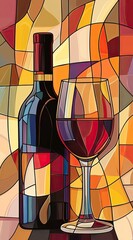 Vector illustration of wine bottle and glass abstract background 