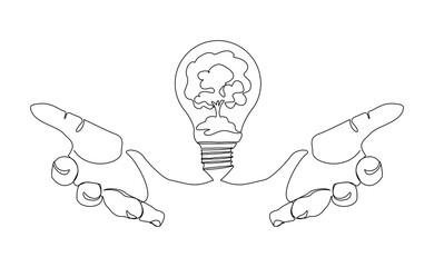Continuous line drawing of human hand holding light bulb with sprout seed plant growth. Green electric energy sketch art editable stroke vector illustration