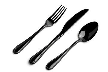 Fototapeta premium High quality photo of silhouette of a knife fork and spoon cutlery set in black color isolated on a white background.