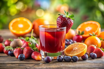 A glass of strawberry juice and various fruits