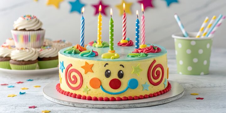 Happy Birthday Clown Cake with Candles and Cupcakes, kids birthday cake, birthday party