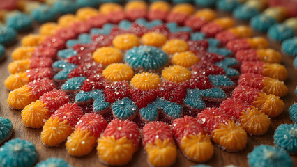 Vivid candies mandala design. Ultra realistic candy art. Creative edible mandala craft. Colorful candy patterns for art projects.