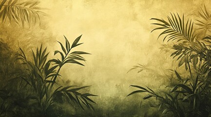 Vintage oil painting of an exotic jungle foliage, with plants and trees