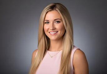 Obraz premium Cheerful blonde woman with long straight hair and flawless skin against a gray backdrop studio shot.