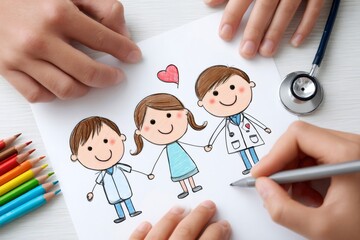 Children drawing healthcare professionals with colored pencils, expressing love and gratitude