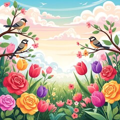 spring background with flowers and birds