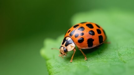 Fototapeta premium A close-up of a vibrant ladybug resting on a green leaf, showcasing its striking colors and delicate features.