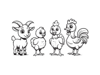 Cute cartoon farm animals black and white vector illustration for children's educational design