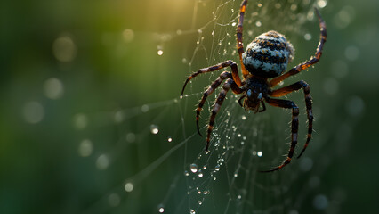 Water droplets on spider web. Ultra realistic spider web close-up. Nature photography of spider silk. Beautiful dew on webs in morning light.