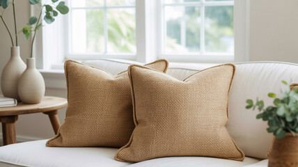Cozy living room corner with linen cushions and potted plants for interior design blogs, home staging inspiration, minimalist decor websites, and sustainable living content 