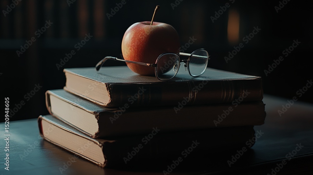 Poster eyeglasses and a ripe red apple sit atop a stack of vintage books in a dimly lit library, creating a