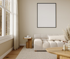  Neutral Living Room Scene with Single Vertical Frame and Window Light