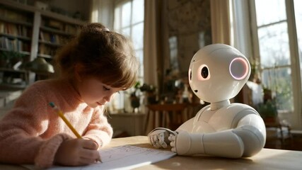 little girl spends time drawing table with robot assistant. modern family uses robot assistant to teach child. raising and teaching children with artificial intelligence robot. - Powered by Adobe