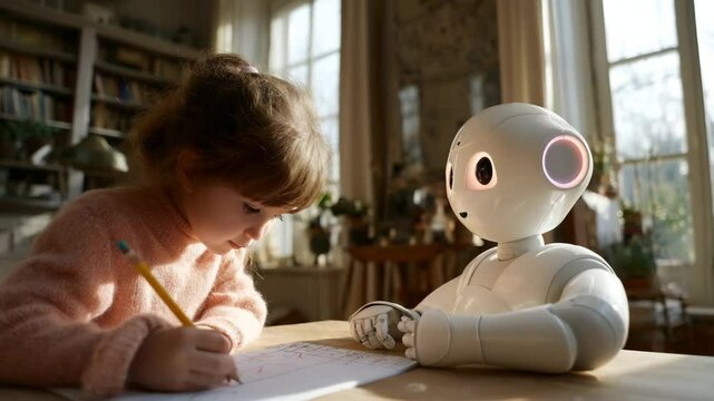little girl spends time drawing table with robot assistant. modern family uses robot assistant to teach child. raising and teaching children with artificial intelligence robot.