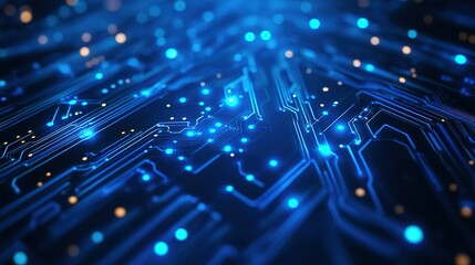 Abstract dark blue glowing circuit board technology background with light dots and lines, futuristic vector design for cybersecurity themes, digital data visualization or tech poster in cyber style