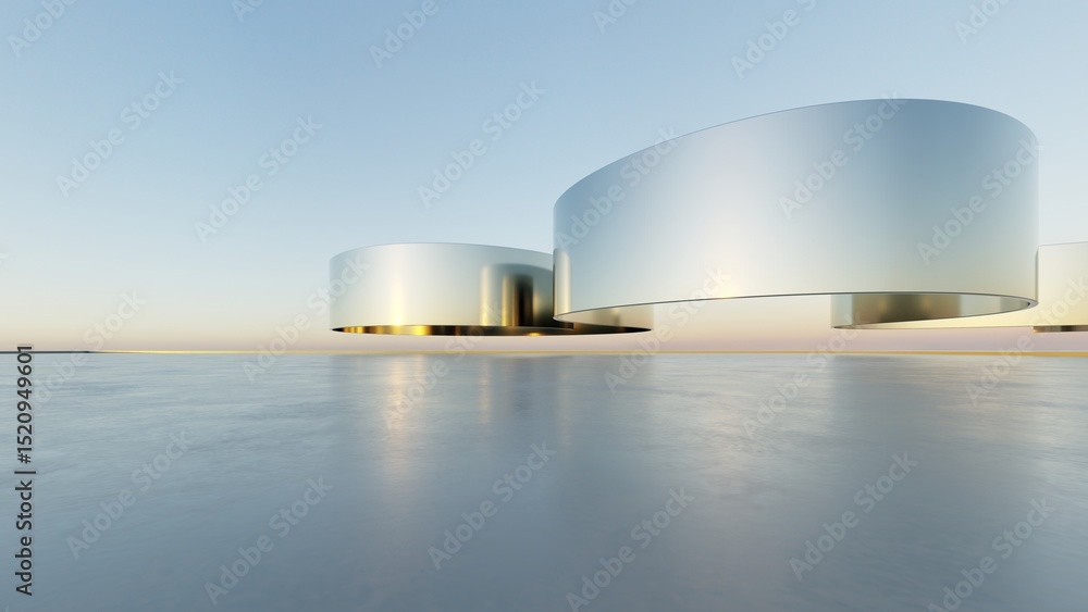 Poster 3d illustration of abstract wavy architecture background, minimal curved geometry architectural desi