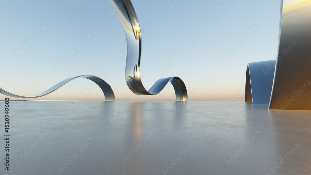 Poster 3d illustration of abstract wavy architecture background, minimal curved geometry architectural desi