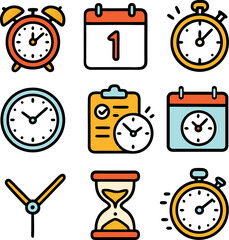 Contains nine clocks icons depicting ways to measure time for various design projects, including websites, infographics, presentations, and educational materials.