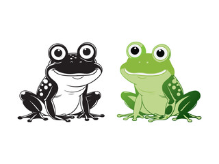 Smiling cartoon frogs in black and white and green vector illustration on white background