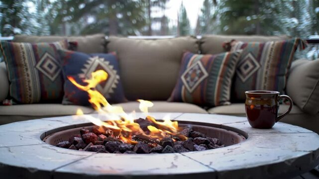 Cinematic close-up of outdoor fire pit with cozy sofa and mug, orbiting and tilting camera motion