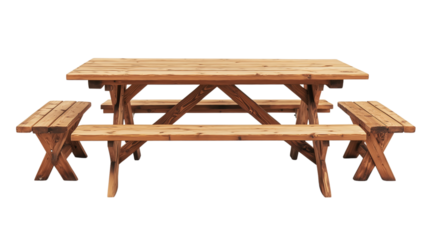 Sturdy wooden picnic table with attached benches, created with AI, PNG