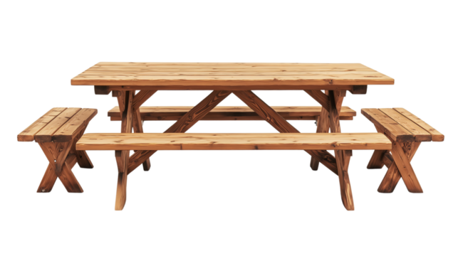 Sturdy wooden picnic table with attached benches, created with AI, PNG
