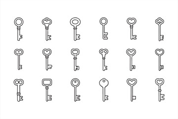  Classic Antique Key Icons in Minimal Outline Style with Heart and Loop Shapes for Love and Vintage Access Designs