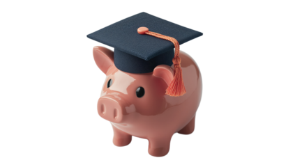 Graduation cap on piggy bank symbolizes education, created with AI, PNG