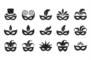 Obraz premium Minimal silhouette collection of decorative masquerade masks with jester hats and feathers in black vector style