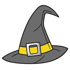Cartoon illustration of a witch's hat with yellow band and buckle for halloween celebrations