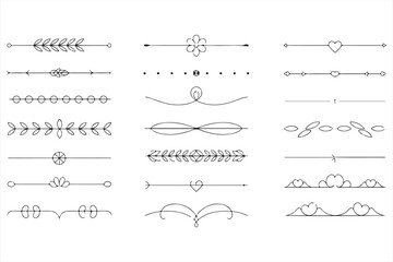 Hand-Drawn Style Floral and Heart Decorative Dividers &ndash; Whimsical Vector Borders with Leaves, Clouds, and Romantic Line Elements