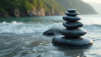 Zen stone piles. Fluid waves harmony. Meditation inspiration. Nature tranquility.