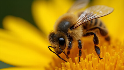 Bee pollination close up. Fuzzy body of a bee. Ultra realistic bee photography. Nature's pollinators in action.