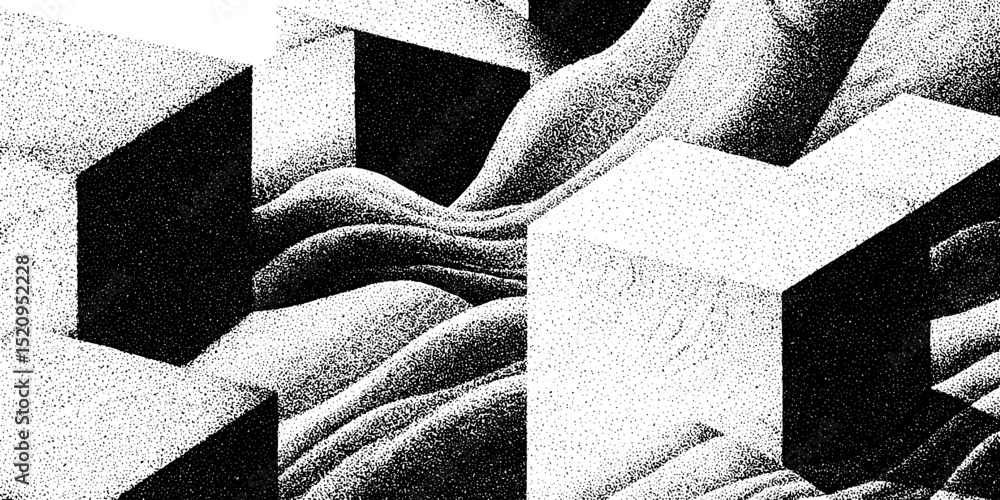 Poster abstract engraved illustration of angular blocks and interwoven patterns
